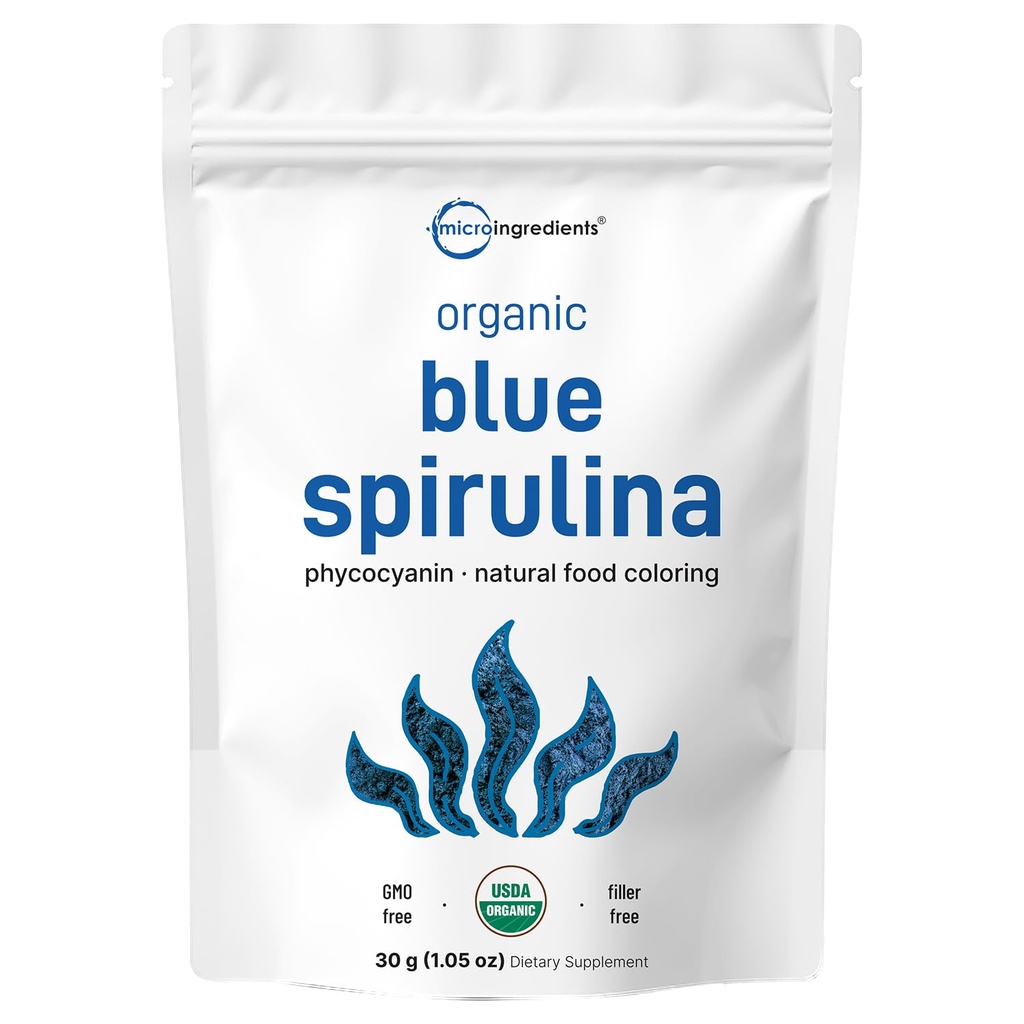 Poudre de spiruline bleue biologique (extrait de phycocyanine), 30 portions - Pas d'odeur de poisson, 100% de protéines végétales de l'algue bleue-verte, Coloration naturelle des aliments lumineux pour les smoothies, cuisson au four, boissons et cuisson