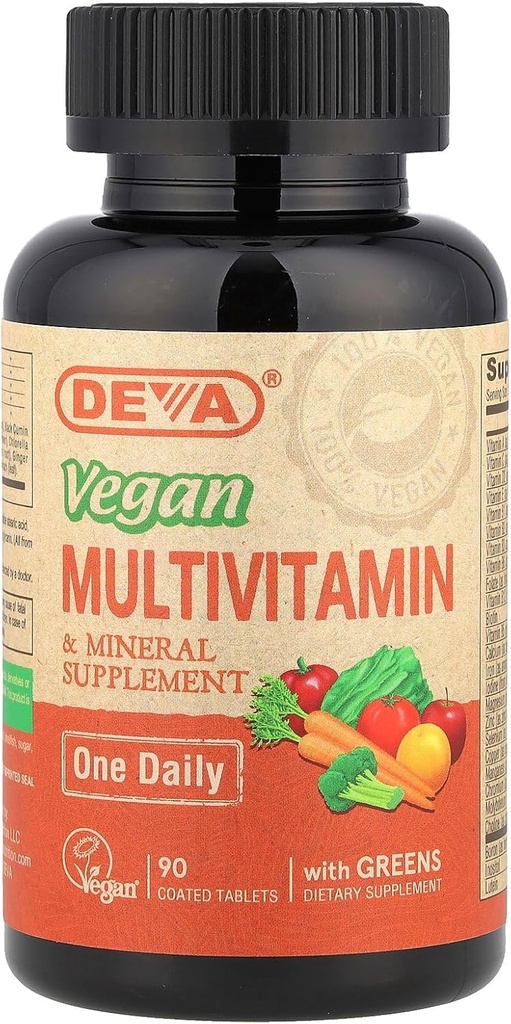 DEVA Tablettes minuscules Multivitamines véganes pour femmes et hommes, Multivitamine avec fer, Supplément minéral, Vitamine C, Complexe vitamine B, Vitamine B12, Vitamine E, Zinc, Sans gluten, 90 comprimés