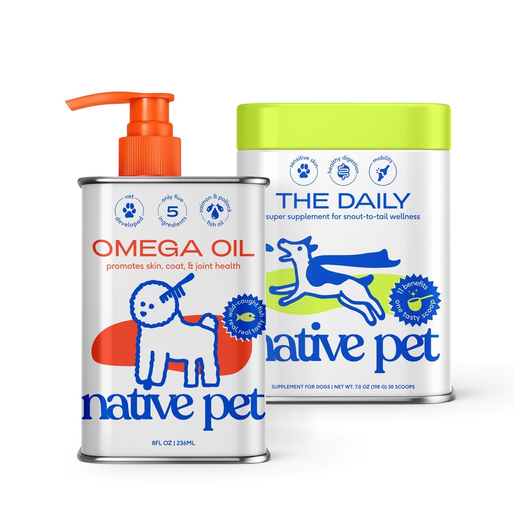 Native Pet Pack Leaders Bundle - Daily Dog Multivitamin (7 oz.) & Omega Oil for Dogs (8 oz.) - Omega 3 Huile de poisson pour une peau saine, un manteau brillant et des articulations fortes et multivitamine quotidienne pour chiots