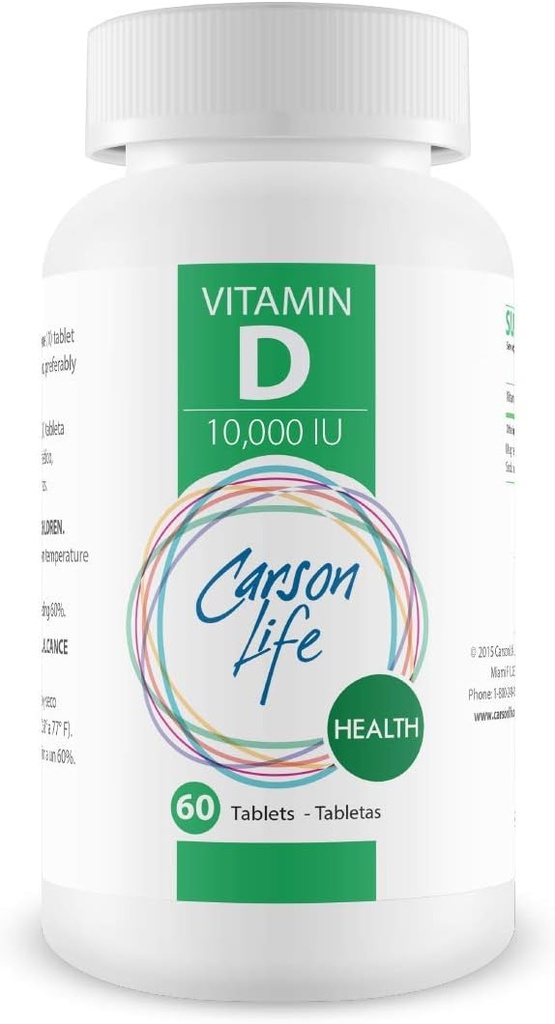 CARSON VIE Vitamine D 10 000 UI Comprimés - Excellent supplément pour déficit en vitamine D - Aide à renforcer les os, les dents et le système immunitaire - 60 comprimés - Fabriqués aux États-Unis