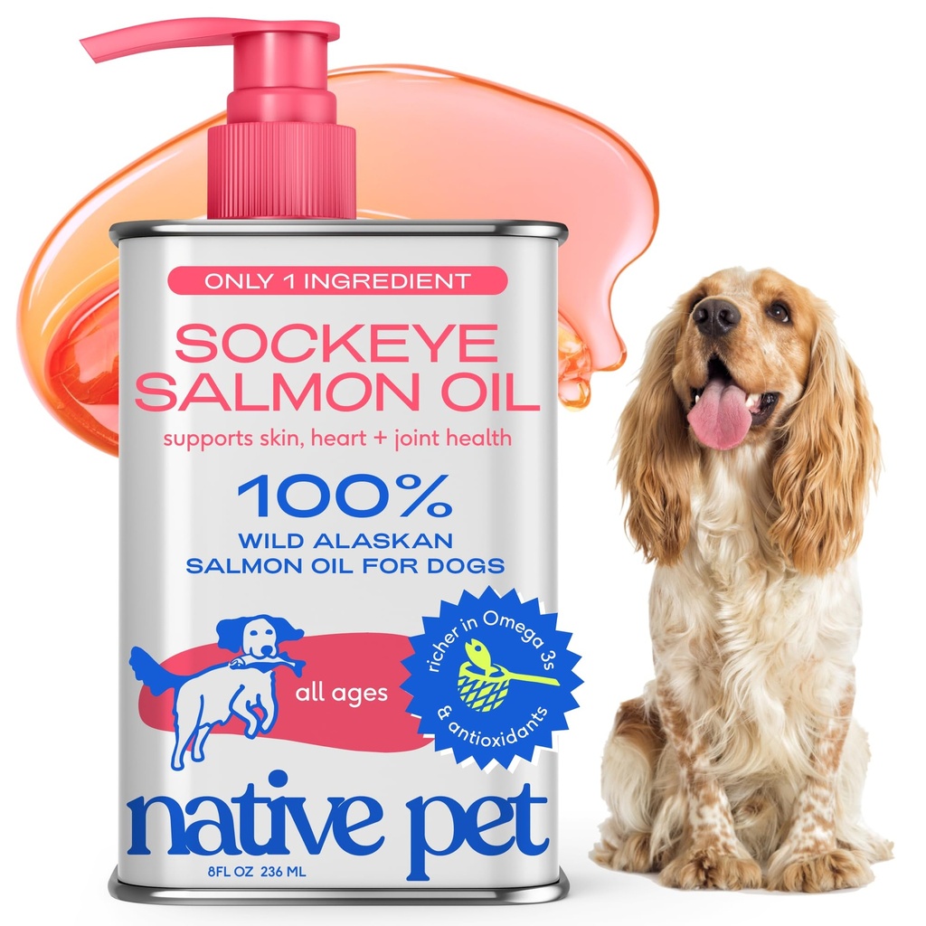 Huile de saumon d'animaux de compagnie pour chiens et chats – Huile de poisson d'Oméga-3 pur pour chiens Supplément pour la peau et le manteau, la santé articulaire et cardiaque - Chien anti-inflammatoire – Saumon sockeye d'Alaska 100% sauvage – 8 oz