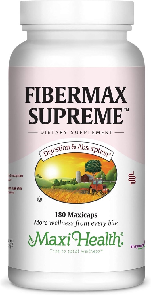 Maxi Health Fibermax Supreme – Capsules de fibre pour Gentle Digestive et Gut Support – Végétarien Psyllium Husk Capsules – Supplément de fibre de casher pour hommes et femmes (180 comte)