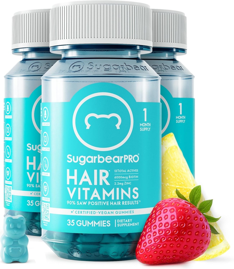 SugarBearPro Vitamine Gummy 3 mois d'approvisionnement Biotine Extra Strength 6000mcg, Croissance pour les hommes et les femmes, Vitamine végétalienne B12, MSM, Inositol, Omega 3, Elderberry, Certifié Kosher, Halal, Sans cruauté