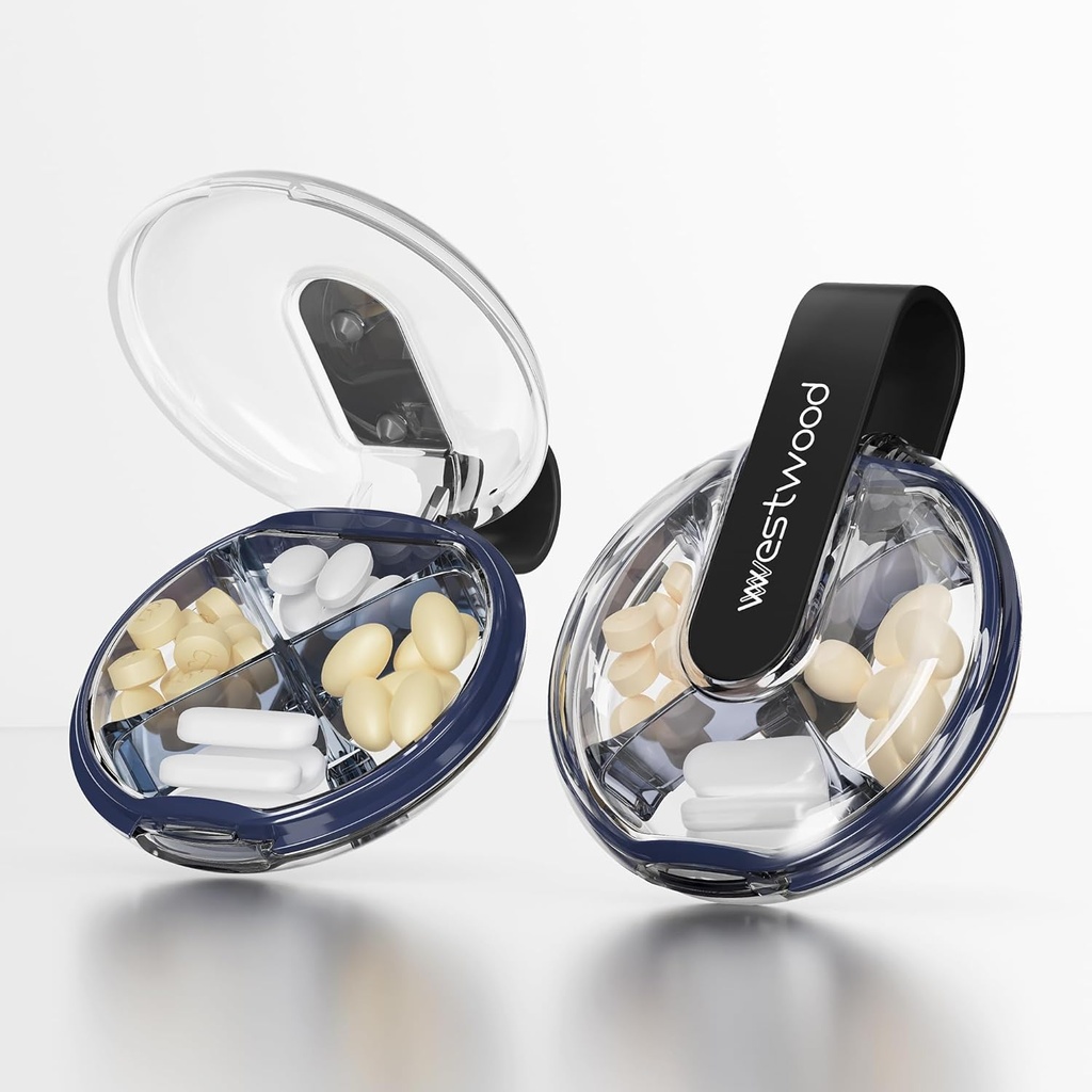 Petit étui à pilules, boîte à pilules mignonnes pour la purse et la poche, 4 compartiments Support de pilule amovible, organisateur portable de pilules de voyage pour les vitamines, suppléments, huiles de poisson (noir)