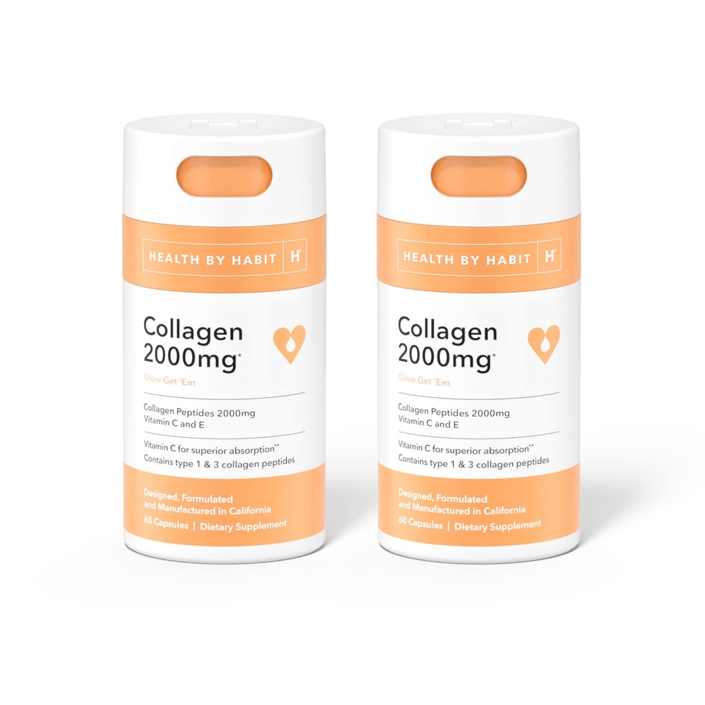 Santé par Habit Collagen Supplément 2 Pack (120 Capsules) - Vitamine C et Vitamine E, 2000mg, Collagène Peptides, Absorption Supérieure, Soutenir votre peau, Non-OGM, Sans sucre (2 Pack)