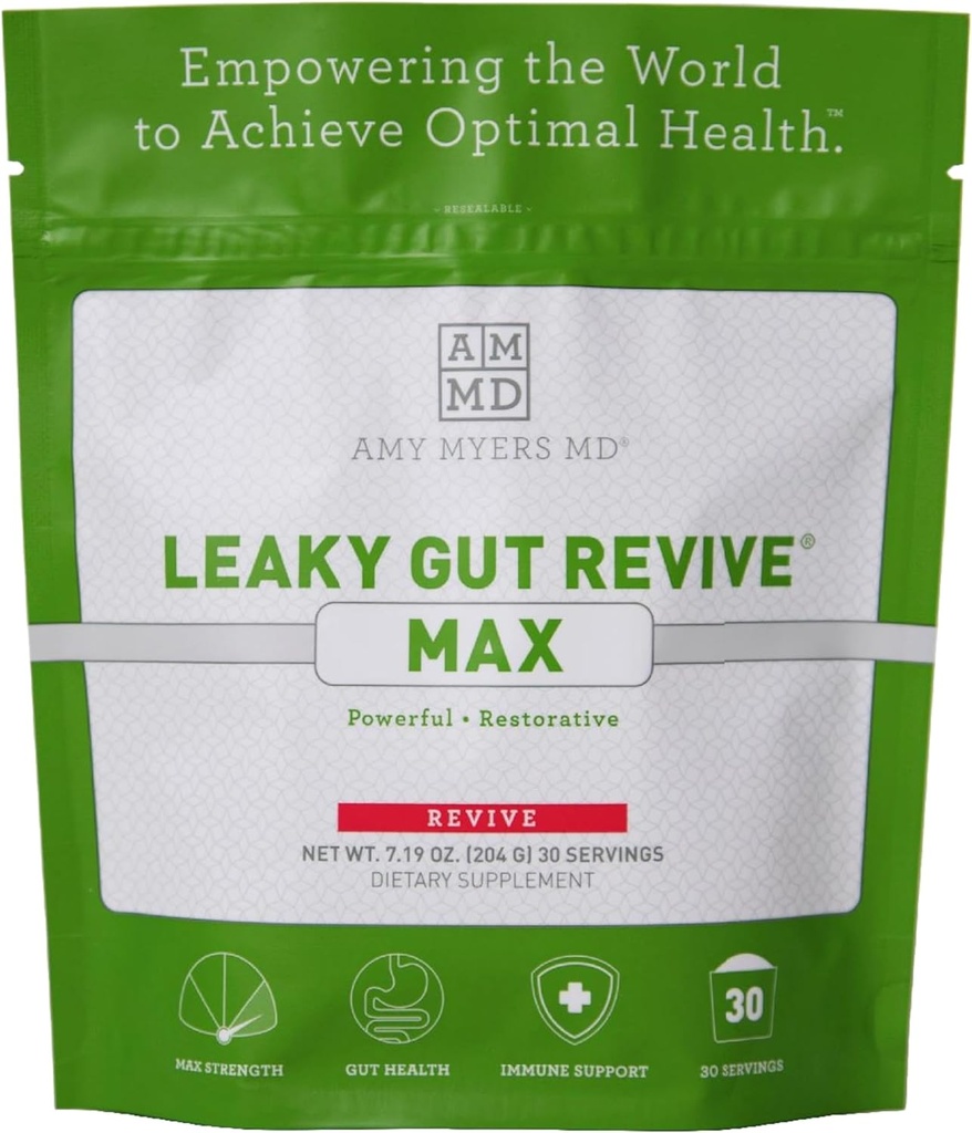 Amy Myers MD Leaky Gut Revive MAX Poudre pour la réparation de Gut Leaky -Powder Potent L-Glutamine pour soutenir la constipation, IBS, Diarrhée, Bloating, Gaz, SIBO, Supplément basé sur les plantes pour la santé de Gut, 1 mois