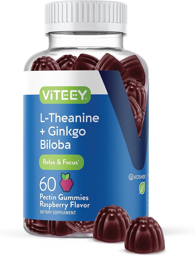 Viteey L-Theanine Gummies with Ginkgo Biloba for Adults - Aids in Focus & Relax, Improve Mood - Non GMO, Gelatin Free, Vegan, Gluten Free, Naturally Sourced Chewable Tasty Raspberry Flavored Gummy