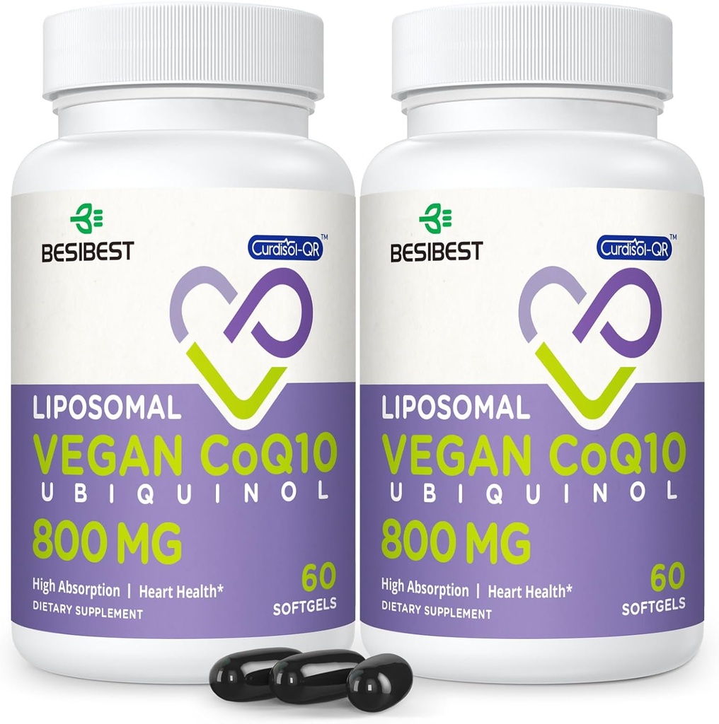 Liposomique Ubiquinol CoQ10 800 MG Softgel, supplément à haute absorption CoQ10 Ubiquinol, Coenzyme active Q10 800mg, puissant antioxydant pour la fonction cardiaque et cérébrale, production d'énergie, 120 softgels végétaliens