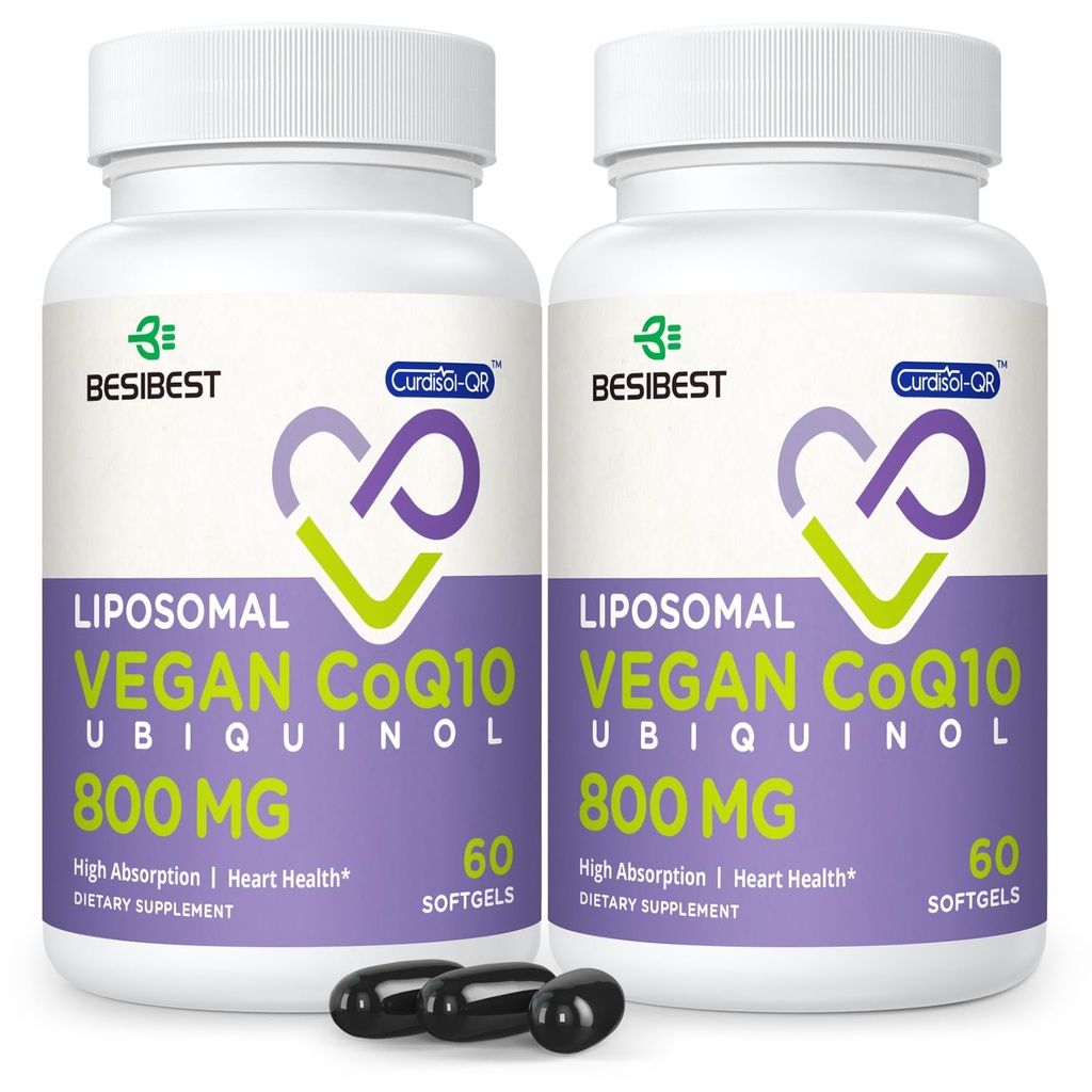 Ubiquinol liposomique CoQ10 800 MG Softgel, supplément d'Ubiquinol à haute absorption CoQ10, Coenzyme active Q10 800mg, puissant antioxydant pour la fonction cardiaque et cérébrale, production d'énergie, 120 softgels végétaliens
