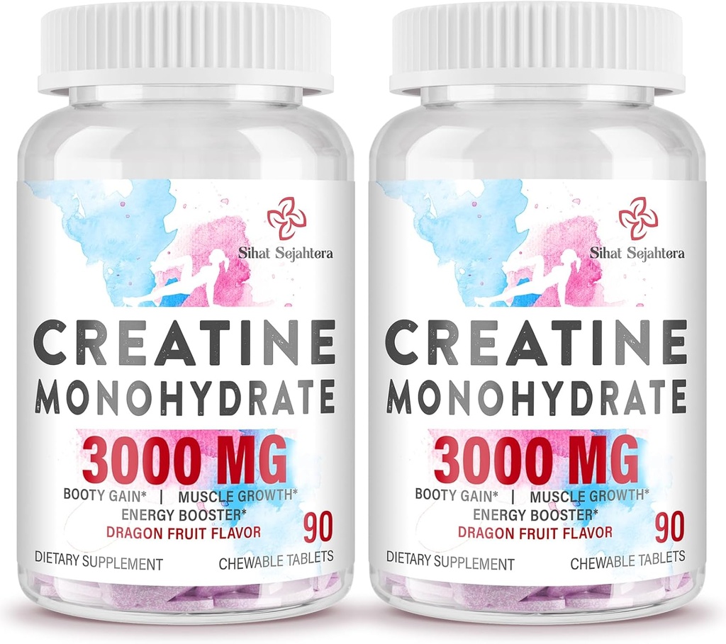 3000 MG Monohydrate de créatine pour les femmes et les hommes, pilules créatine avec BCAA et collagène hydrolysé Creatine Chews comprimés pour la performance et la récupération, la force, l'arôme de fruits de dragon, 180 comprimés