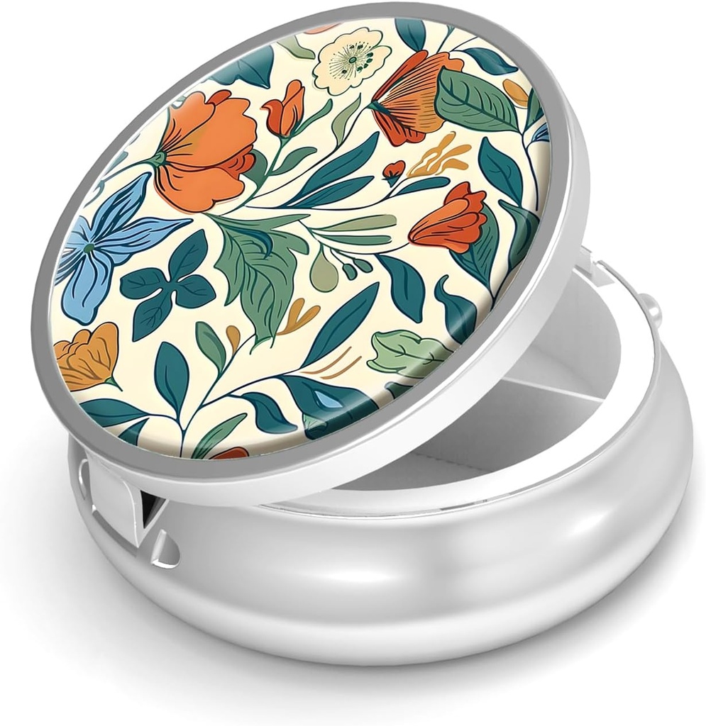 Pill Box-3 Compartiment petit cas de pilule pour la Purse & Pocket Mini Pill Holder Metal Travel Pill Container to Hold Suppléments Vitamines-Free BPA (Floral Pattern)