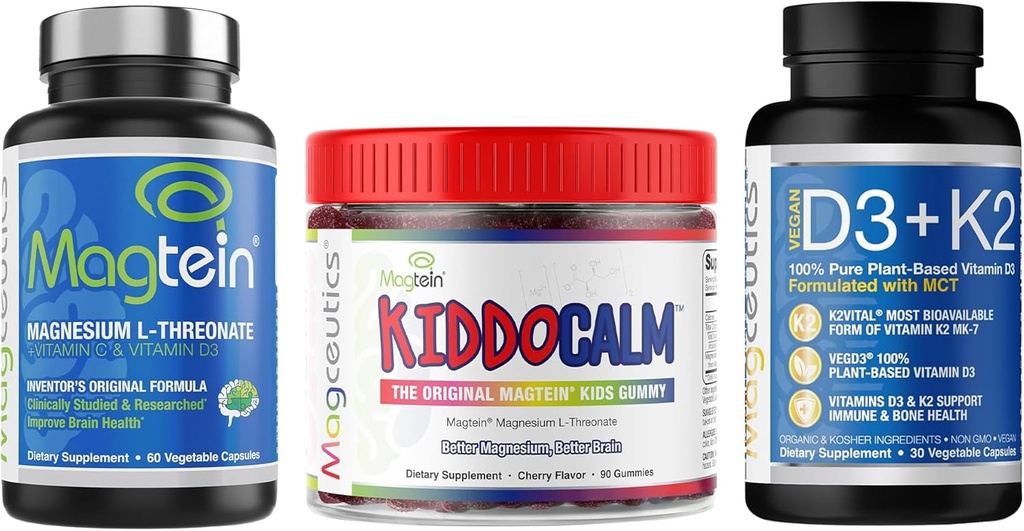 Magtein Magnesium L-Threonate 60 Capsules, Magceutics KIDDOCALM Gummies for Kids 90 Capsules, Vitamin D3 K2 with MCT 30 Capsules - Bundle