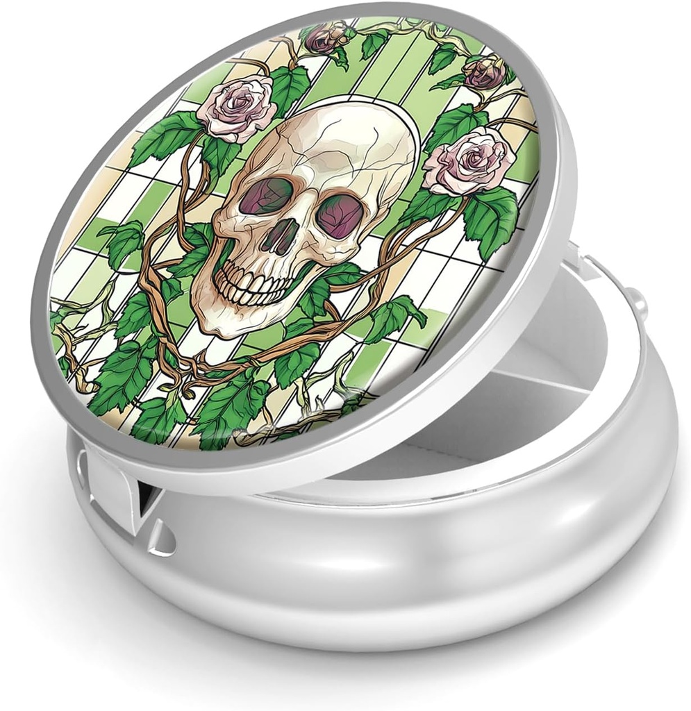 Pill Box-3 Compartiment petit étui de pilule pour la purse et la poche Mini porte-pilule métallique Conteneur de pilules de voyage pour tenir des suppléments de vitamines sans BPA (Crâne et Rose)