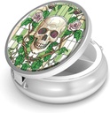 Pill Box-3 Compartment Small Pill Case for Purse & Pocket Mini Metal Pill Holder Travel Pill Container to Hold Supplements Vitamins BPA-Free (Skull and Rose)