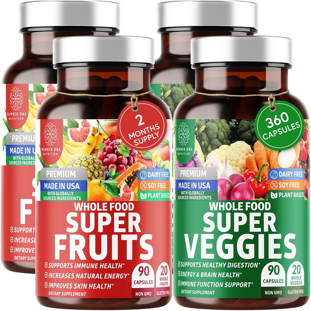 4-Pack N1N Premium Super Fruits & Veggies Supplément, 360 capsules, aliments entiers et superaliments naturels pour les femmes, les hommes et les enfants - emballé avec Aloe Vera, vitamines et minéraux, mieux que les multivitamines, 100% végétalien