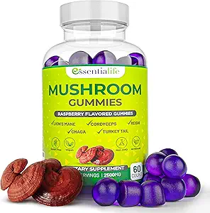 Lions Essentiels Mane Champignon Supplément de 5-en-1 Champignons Gummies avec la queue de dinde, Cordyceps, Reishi, Chaga Extract.