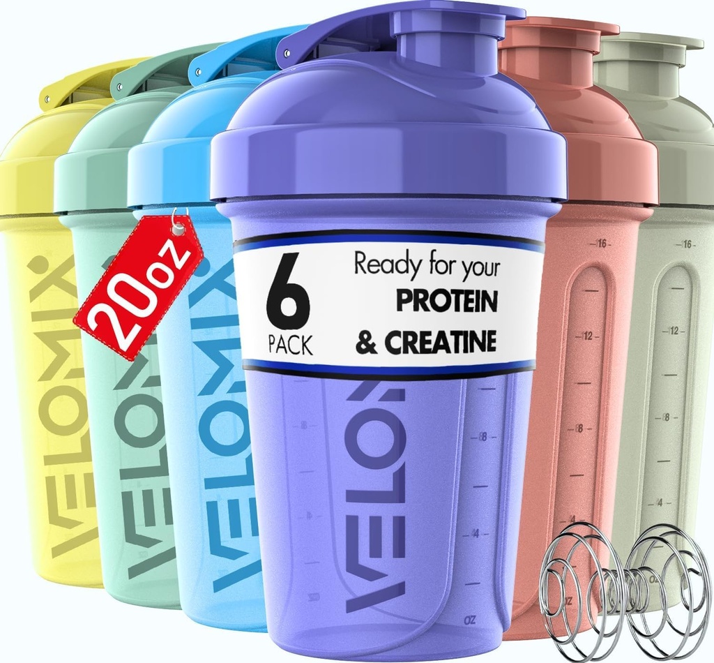 VELOMIX -6 PACK- 20 oz Bouteille de Shaker Protein pour les mélanges de protéines - 6x Whisk filaire.