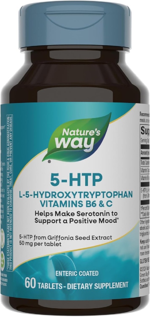 Nature's Way 5-HTP, L-5-Hydroxytryptophan, Helps Make Serotonin to Promote a Positive Outlook*, Vitamin B6, Vitamin C, Griffonia Bean Extract, 60 Tablets (Packaging May Vary)