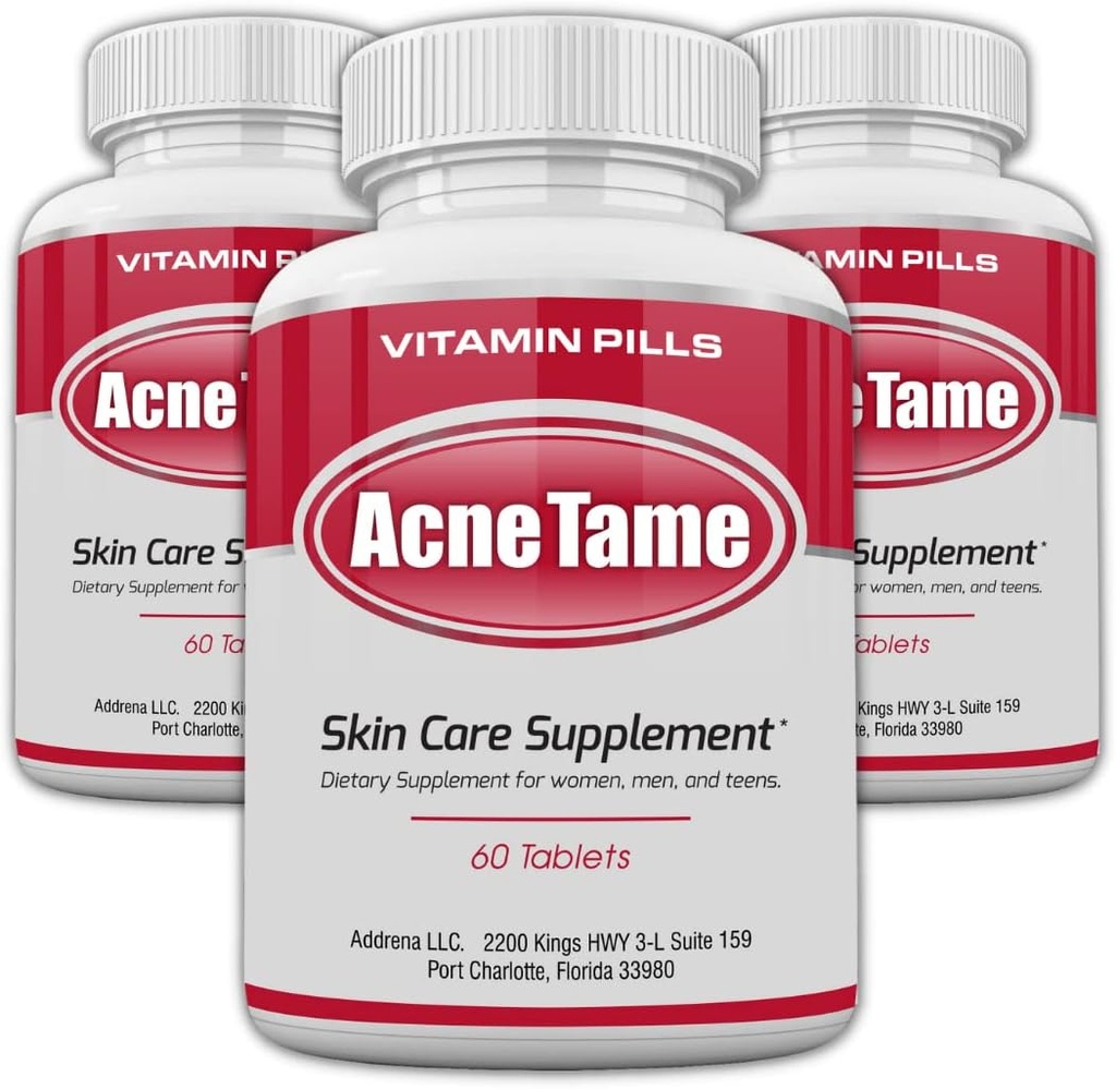 Pilules d'acné- Supplément Acné Tame 3 Pack- Pilule de vitamines claires pour le traitement de la peau huileuse, Blemishes hormonales, Spots & Acnes kystiques Suppléments pour les femmes, les hommes, les adolescents et les adultes- 180 comprimés
