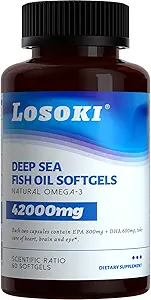 Huile de poisson de haute mer de Losoki - 1000 mg EPA & DHA, acides gras oméga-3, poissons capturés sauvages, suppléments softgel sans Burpless Premium - 60 ct