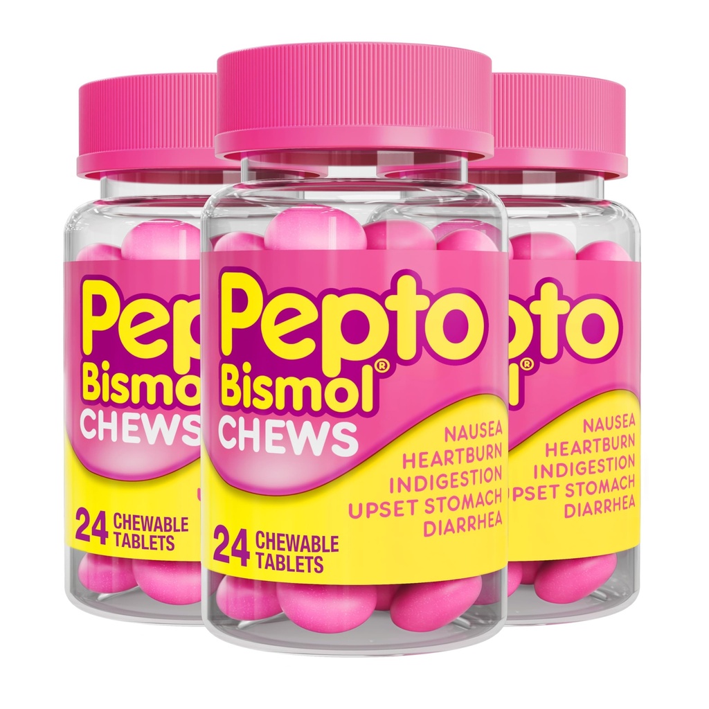 Pepto Bismol Chews, soulagement digestif rapide et efficace de la nausée, brûlures d'estomac, indigestion, estomac relevé, diarrhée, 72 Total (3 paquets de 24)