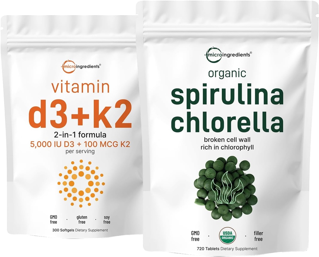 Micro Ingrédients Bio Chlorella Spiruline 3000mg Comprimés et Vitamine D3 5000iu + K2 Ensemble de 100mcg 2 Pack