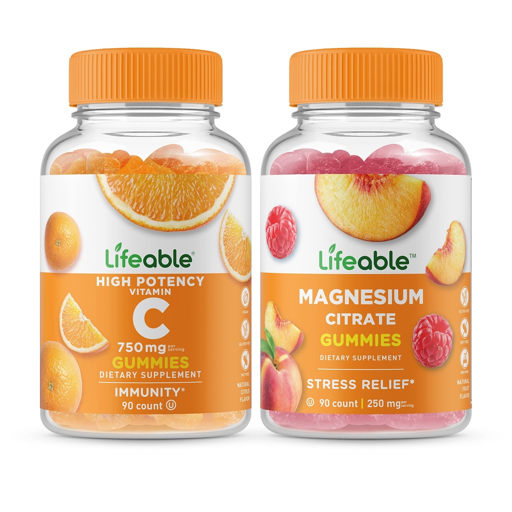 Vitamine vivante C 750mg + Magnésium 85mg, Gummies Bundle - Grande dégustation, supplément de vitamine, sans gluten, sans OGM, gummy à croquer