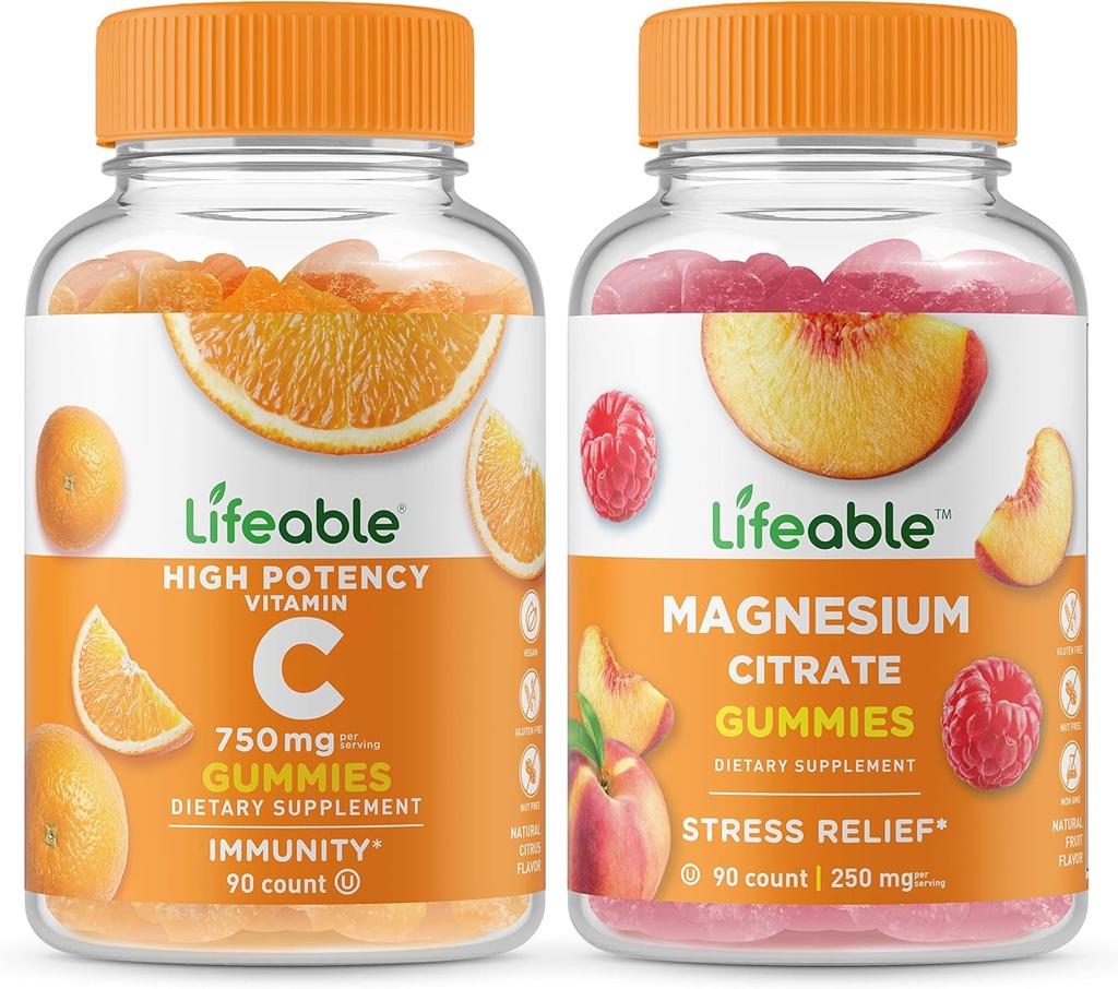 Vitamine vivante C 750mg + Magnésium 85mg, Gummies Bundle - Grande dégustation, supplément de vitamine, sans gluten, sans OGM, gummy à croquer