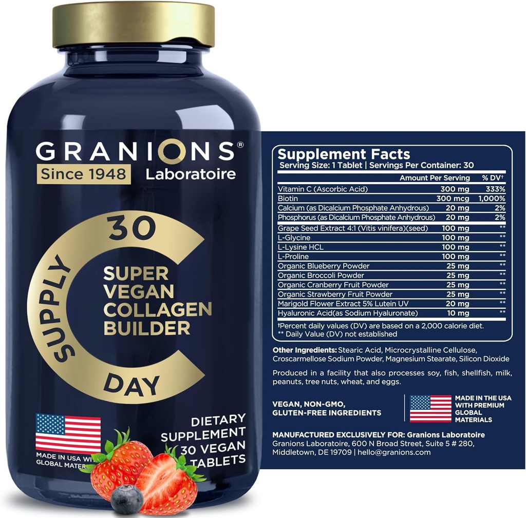 Suppléments de collagène végétalien pour les femmes et les hommes - Comprimés de collagène à base de plantes - Beauty Booster Biotine végétalienne, acide hyaluronique, acides aminés, peptides de collagène biologique - 30 pilules de collagène végétalien
