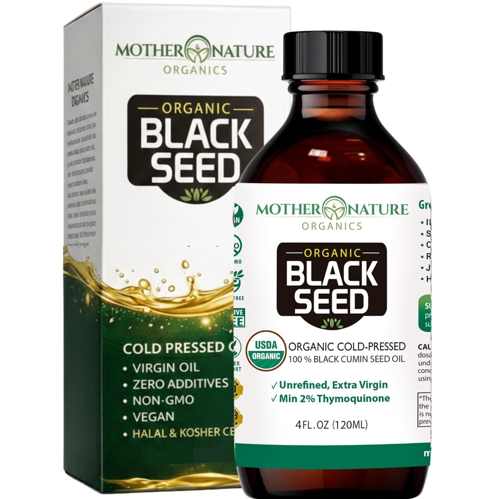 Mère Nature USDA Huile de Graine Noire Bio – Cold Pressed, Non raffiné & Vegan Nigella Sativa, High Thymoquinone (2%+), Omega 3 6 9 pour Immune, Soutien articulaire et cardiaque, Cheveux et peau, Non-OGM, 4oz