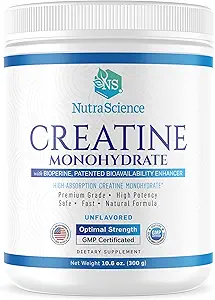 NutraScience Creatine Monohydrate Powder with BioPerine, Supports Lean Muscle Growth and Recovery, 60 Servings, 5000mg Per Serving, Unflavored, GMP sertified, Vegan Friendly, Non GMO