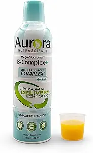 Aurora Nutrascience Mega-Liposomal B-Complex + Vitamine C, soutient l'énergie, immunitaire et système nerveux santé, sans gluten, sans OGM, sans sucre, saveur de fruits biologiques, 32 portions, 16 Fl oz