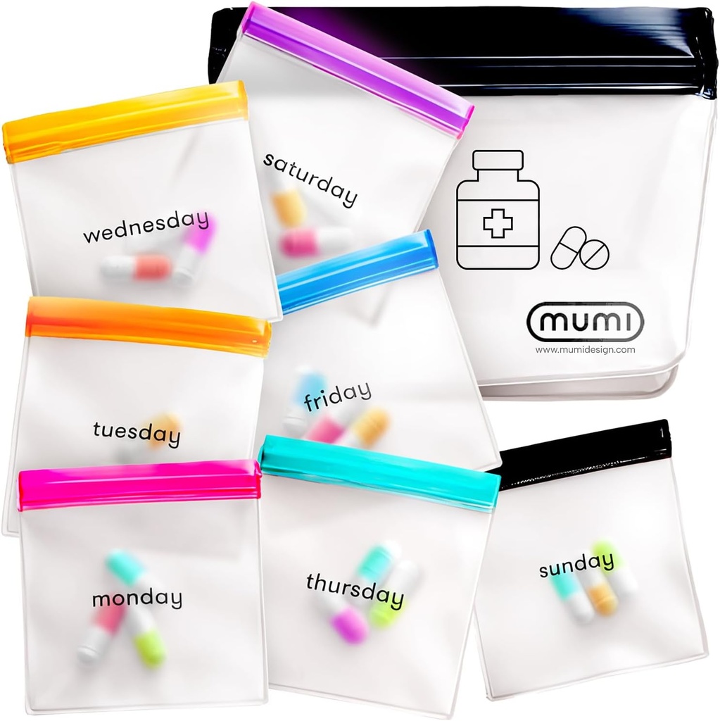 MUMI Pill Pouch Set, 7 mini-pouches zippées pour pilules, petits sacs à pilules, pochettes à pilules réutilisables pour les voyages en médecine, Organisateur de pilules de poche, Accessoires de chasse, Organisateur de vitamines