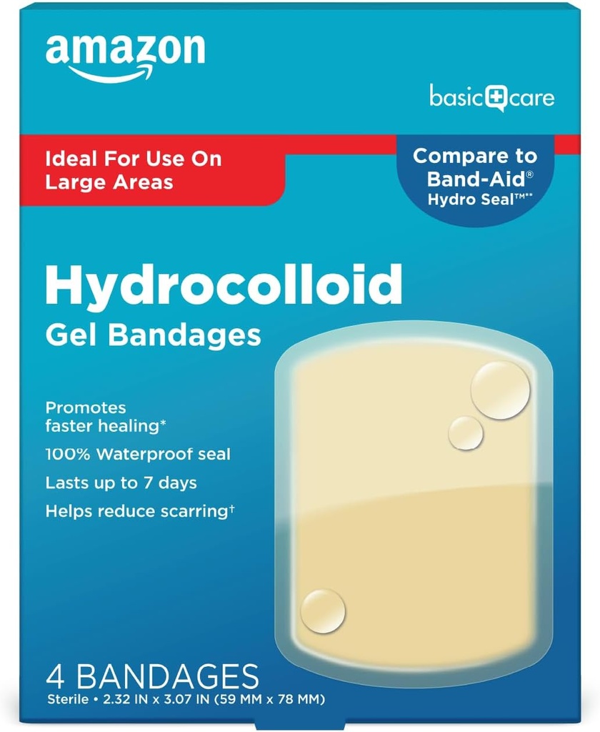 Amazon Basic Care Advanced Fast Healing Hydrocolloid Gel Bandages, Grande Dressing Wound, 4 ct