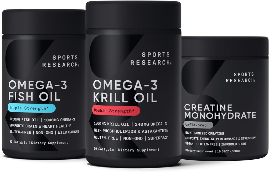 Recherche sportive Monohydrate de créatine amélioré par l'Oméga Power House Antarctic Krill & Fish Oil avec Triple Strength EPA DHA et Phospholipides, Choline & Astaxanthin - Pour Champions