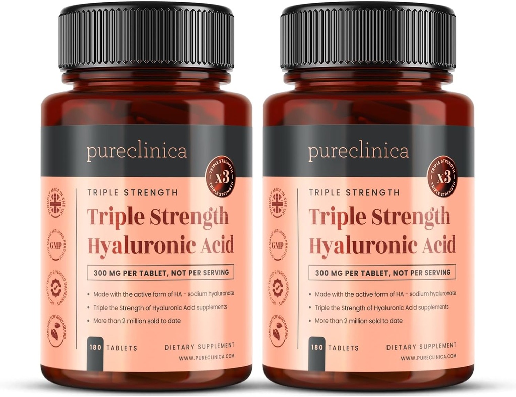 purclinica Acide hyaluronique 300mg x 360 comprimés (2 bouteilles de 180-12 mois d'approvisionnement). Acide hyaluronique triple résistance. 300% plus fort que tout autre comprimé HLA.