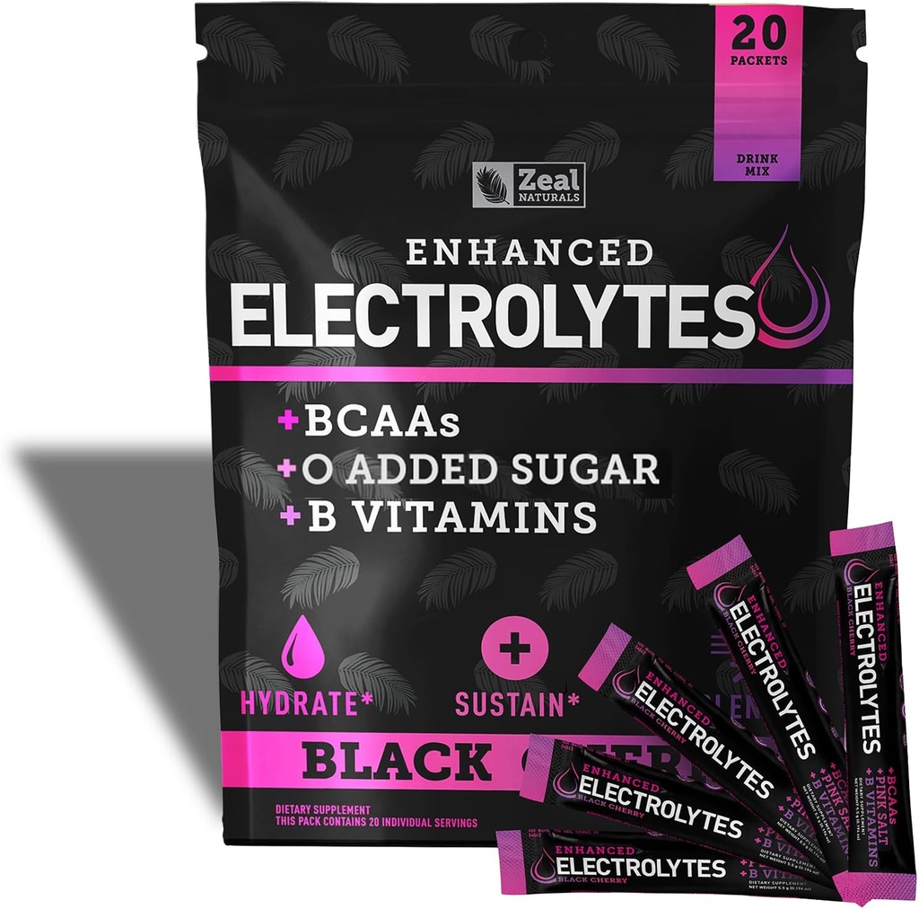 Boîtes de poudre d'électrolyte amélioré (Cerisier noir de 20 paquets) w/ 0 Sucre + BCAAs + B-Vitamines Supplément d'électrolyte w Potassium Zinc & Magnésium pour l'hydratation - Kéto Electrolytes