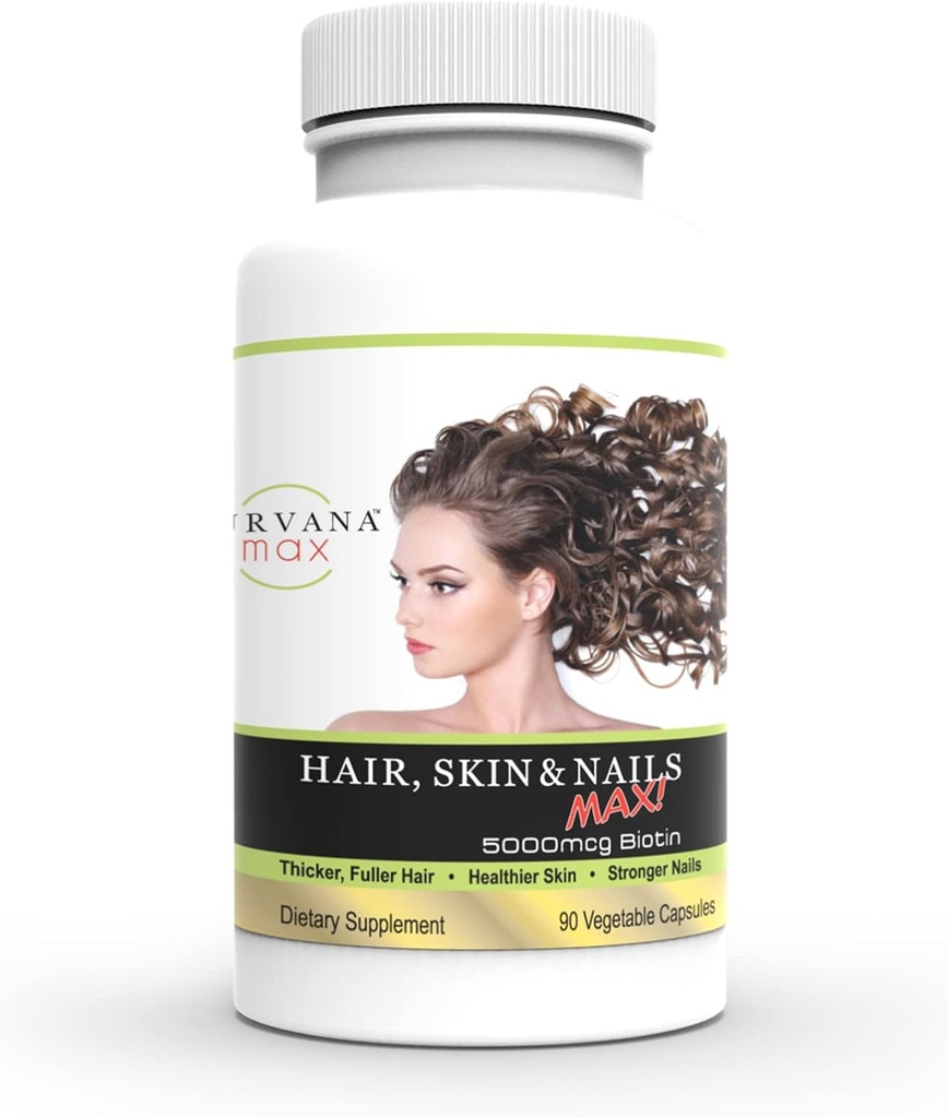 Wellgenix Purvana Max Cheveux, peau et ongles Vitamine: Biotine 5000mcg pour une meilleure croissance des cheveux, prévention de la perte de cheveux pour les femmes et les hommes, végétalien, idéal pour post partum et PCOS, 90 comte, paquet de 1