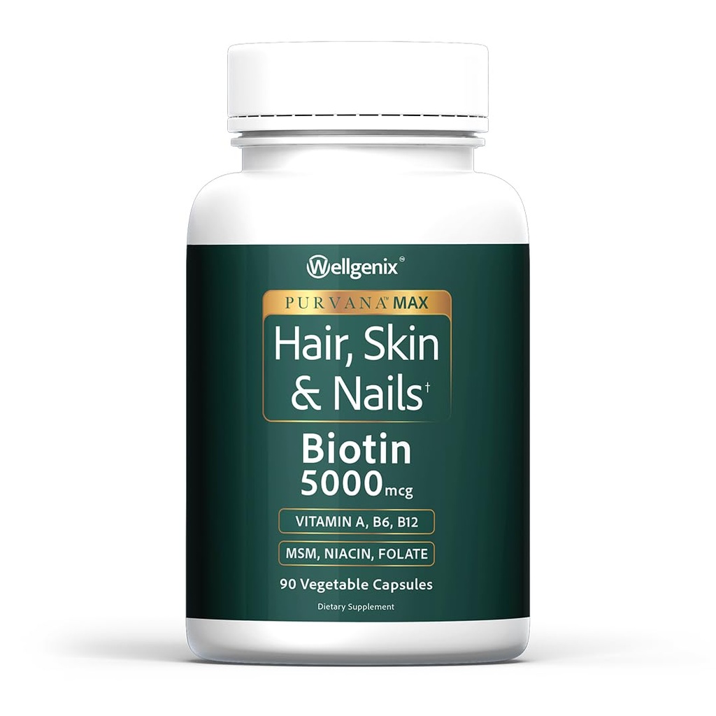 Wellgenix Purvana Max Cheveux, peau et ongles Vitamine: Biotine 5000mcg pour une meilleure croissance des cheveux, prévention de la perte de cheveux pour les femmes et les hommes, végétalien, idéal pour post partum et PCOS, 90 comte, paquet de 1