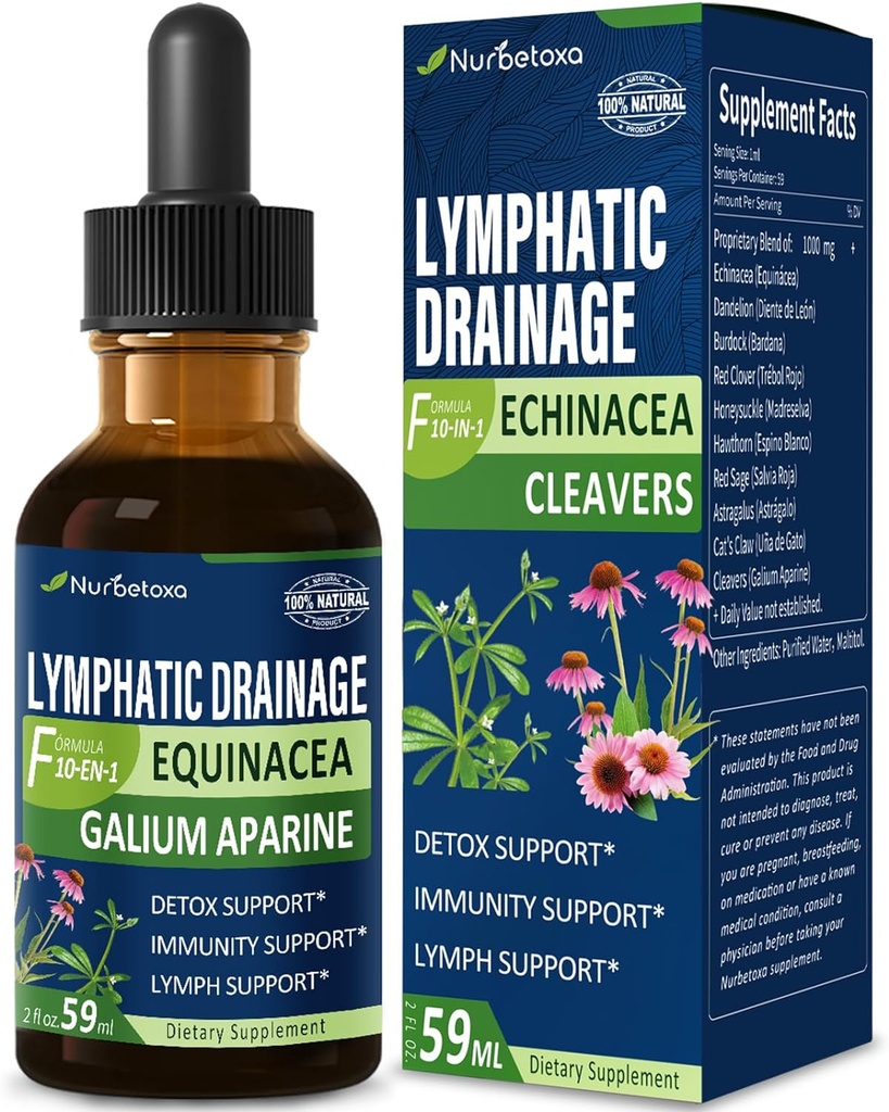 Cleavers Drainage lymphatique gouttes pour le nettoyage du système de détox Lymphème, Lymphedema Supplément de soutien Formule w/Echinacea, Cats Claw, Red Clover Extract Tecture, Utilisation avec outil de massage Lymph. 2oz