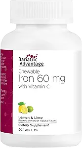 Avantage bariatrique Fer à mâcher 60 mg avec vitamine C pour l'absorption et l'utilisation accrues, facilement digestible pour le pont gastrique et la gastrectomie des manches Patients en chirurgie - Citron Lime, 90 Compte