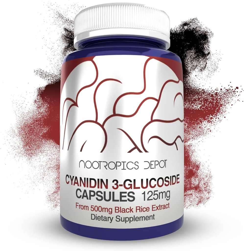 Nootropics Depot Cyanidin 3-Glucoside Capsules $ 125mg $ 60 Comte $ Extrait de riz noir $ C3G $ Oryza Sativa $ Support métabolique, vision et cognitif