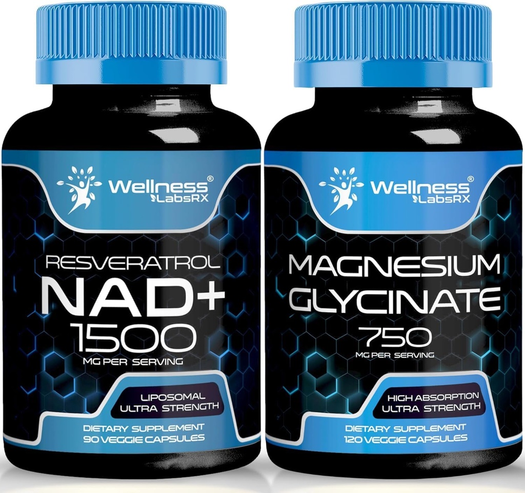 Glycinate de magnésium Capsules - 750mg - Supplément de magnésium Supplément à haute absorption │ Supplément NAD, 1500mg - NAD liposomique+ Supplément avec Resveratrol