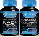 Glycinate de magnésium Capsules - 750mg - Supplément de magnésium Supplément à haute absorption │ Supplément NAD, 1500mg - NAD liposomique+ Supplément avec Resveratrol