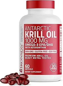 Bronson Antarctique Krill Oil 1000 mg avec Omega-3s EPA, DHA, Astaxanthin et Phospholipides 60 Softgels