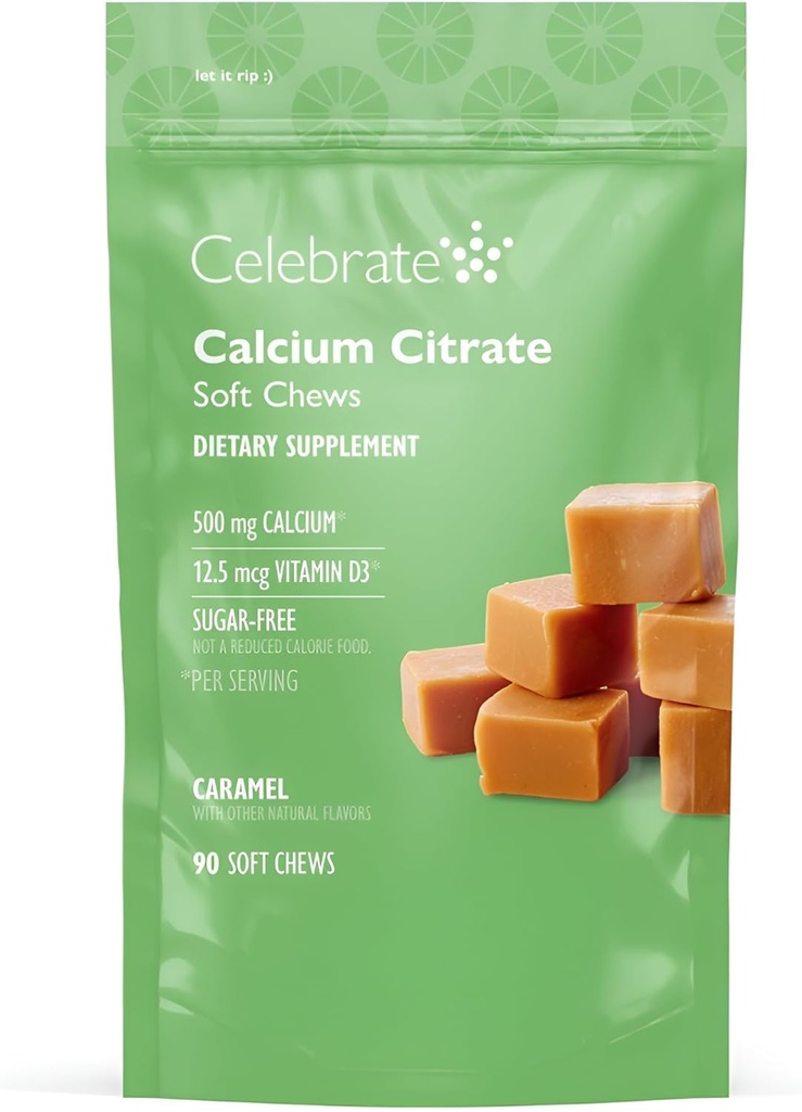 Celebrate Vitamins Bariatric 500mg Calcium Citrate Soft Chews with 500 IU Vitamin D3 – Essential for Gastric Bypass Patients & Bone Health - Sugar & Gluten Free, Caramel (90 Chews)