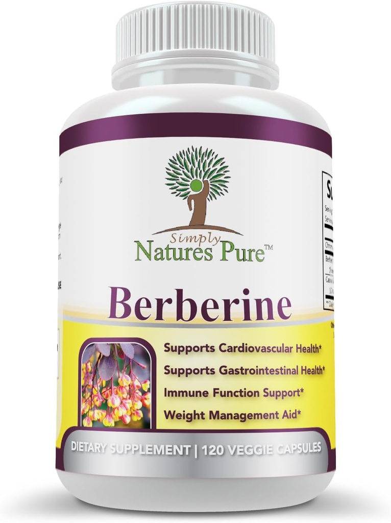 Simply Natures Pure Premium Berberine HCl 500mg - 120 Capsules - Support gastro-intestinal gastro-intestinal Immune - Channelle de chrome