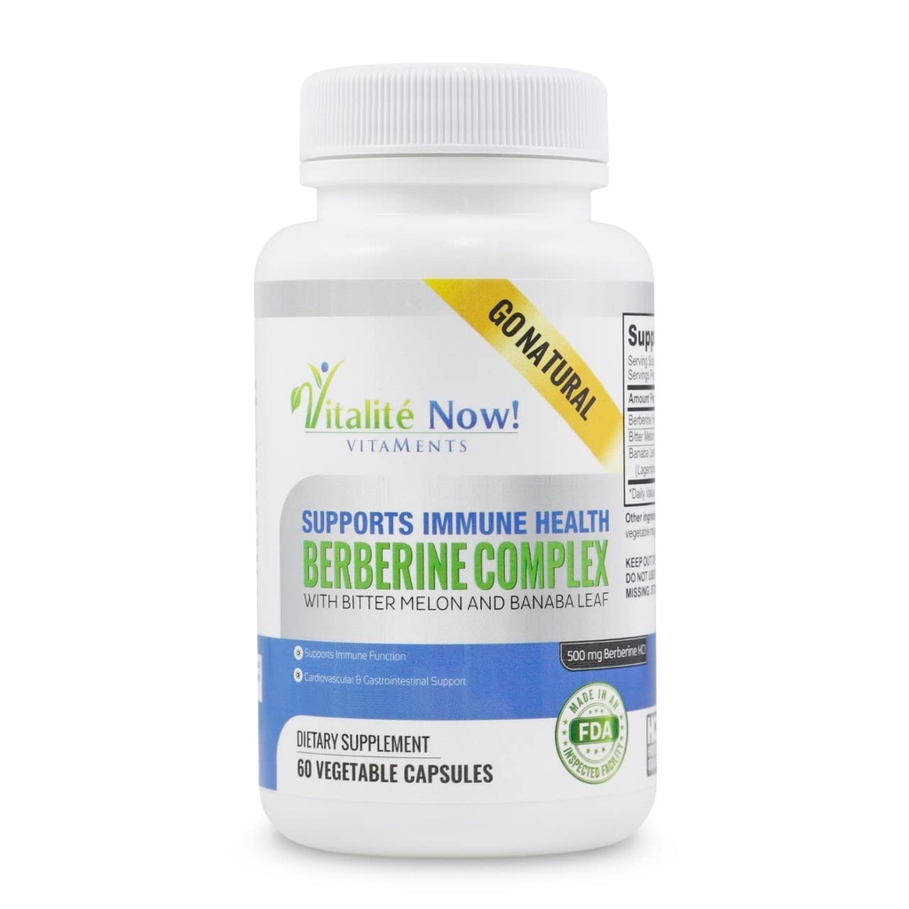 Vitalité Now! High Strength Berberine 500mg + Bitter Melon & Banaba - Immune System Health - Cardiovascular & Gastrointestinal Support - 60 Vegetarian Capsules