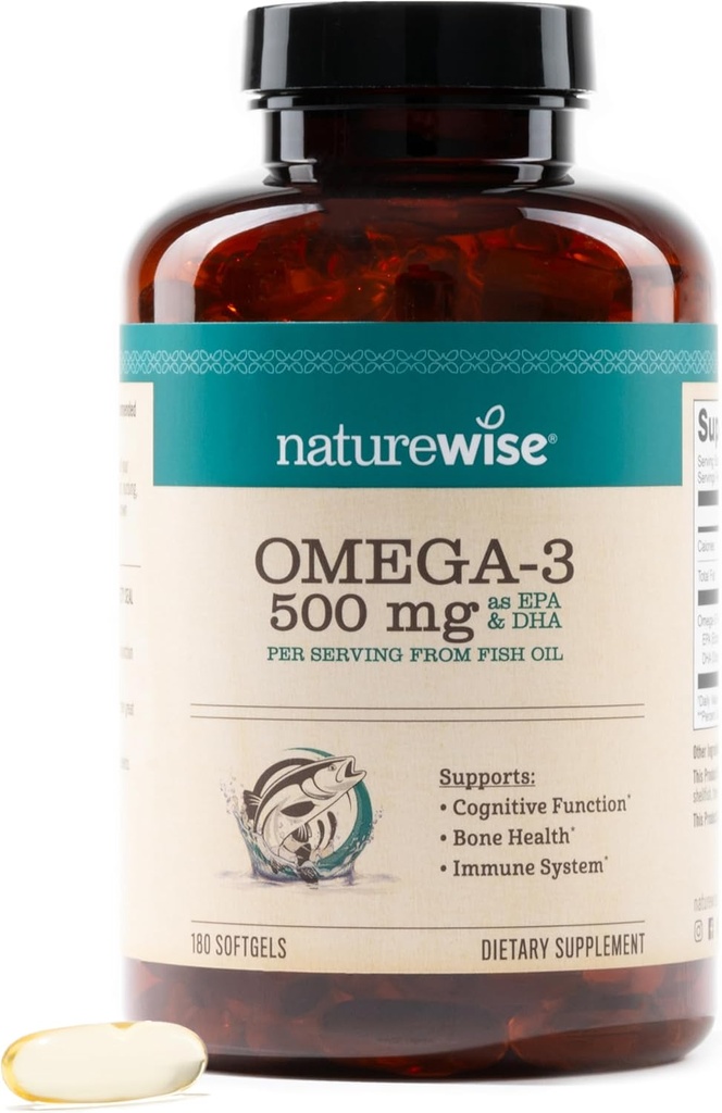 NatureWise Omega 3 Huile de poisson - 500 mg par pilule - EPA & DHA - Soutien immunitaire, santé cérébrale et bien-être optimal - Sans gluten et sans soja, sans OGM - 180 softgels[6-Mois]