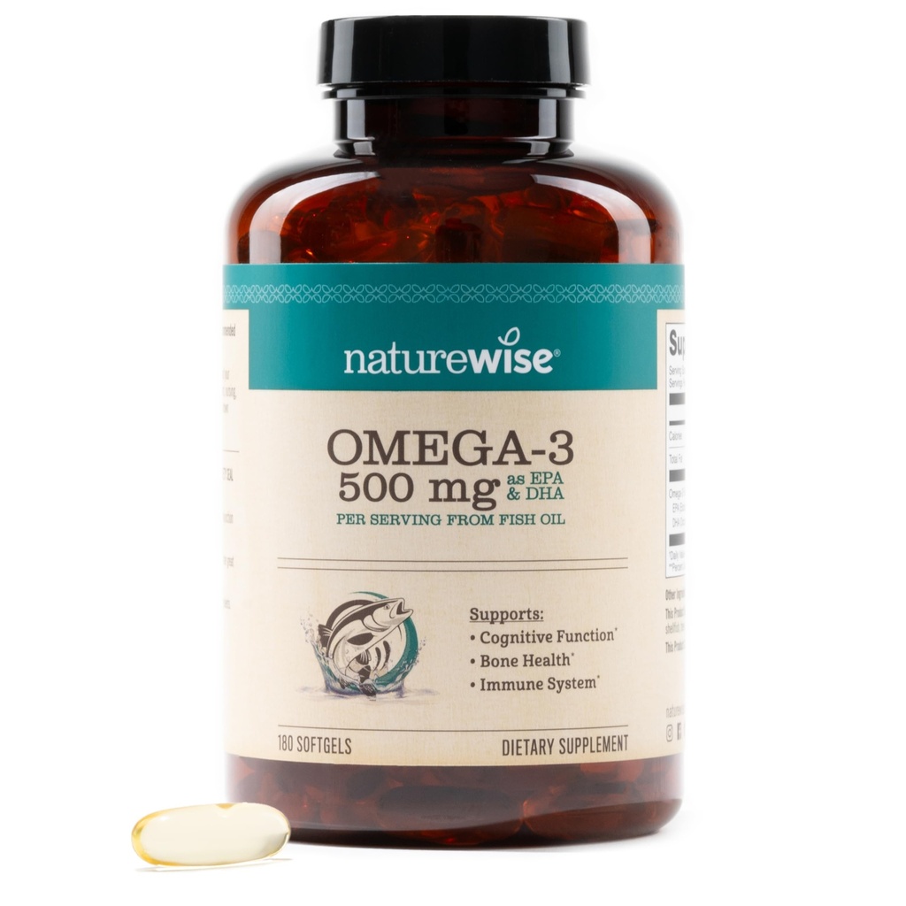 NatureWise Omega 3 Huile de poisson - 500 mg par pilule - EPA & DHA - Soutien immunitaire, santé cérébrale et bien-être optimal - Sans gluten et sans soja, sans OGM - 180 softgels[6-Mois]